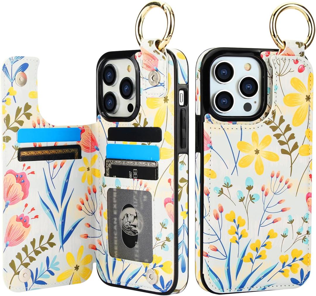 HAOPINSH for iPhone 14 Pro Max Wallet Case with Card Holder, Floral Flower Print Back Flip Folio PU Leather Kickstand Card Slots Case, Finger Grip Ring Double Magnetic Clasp Shockproof 6.7"
