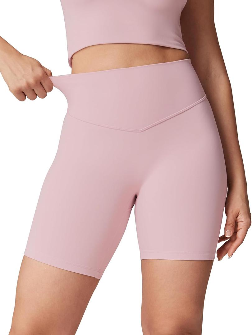 Hugcurve No Front Seam High Waisted Workout Biker Shorts for Women 6 Inches Tummy Control Buttery Soft Yoga Pants Gym (Small, Rhodonite Pink)