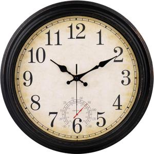 Wall Clock Vintage Style Inodor Outdoor Clock 16 Inch Large Wall Clocks Waterproof with Thermometer for Living Room Patio Pool Garden (Bronze)