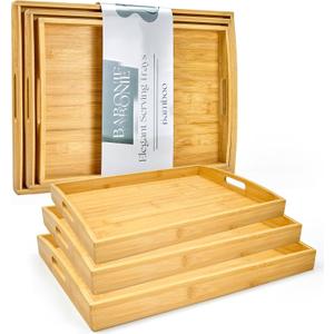Bamboo Serving Tray with Handles Set of 3 - Decorative Wooden Trays for Eating, Working, and Storing, Suitable for Use in Bedroom, Living Room, Kitchen, Bathroom, Outdoor Scenarios and More