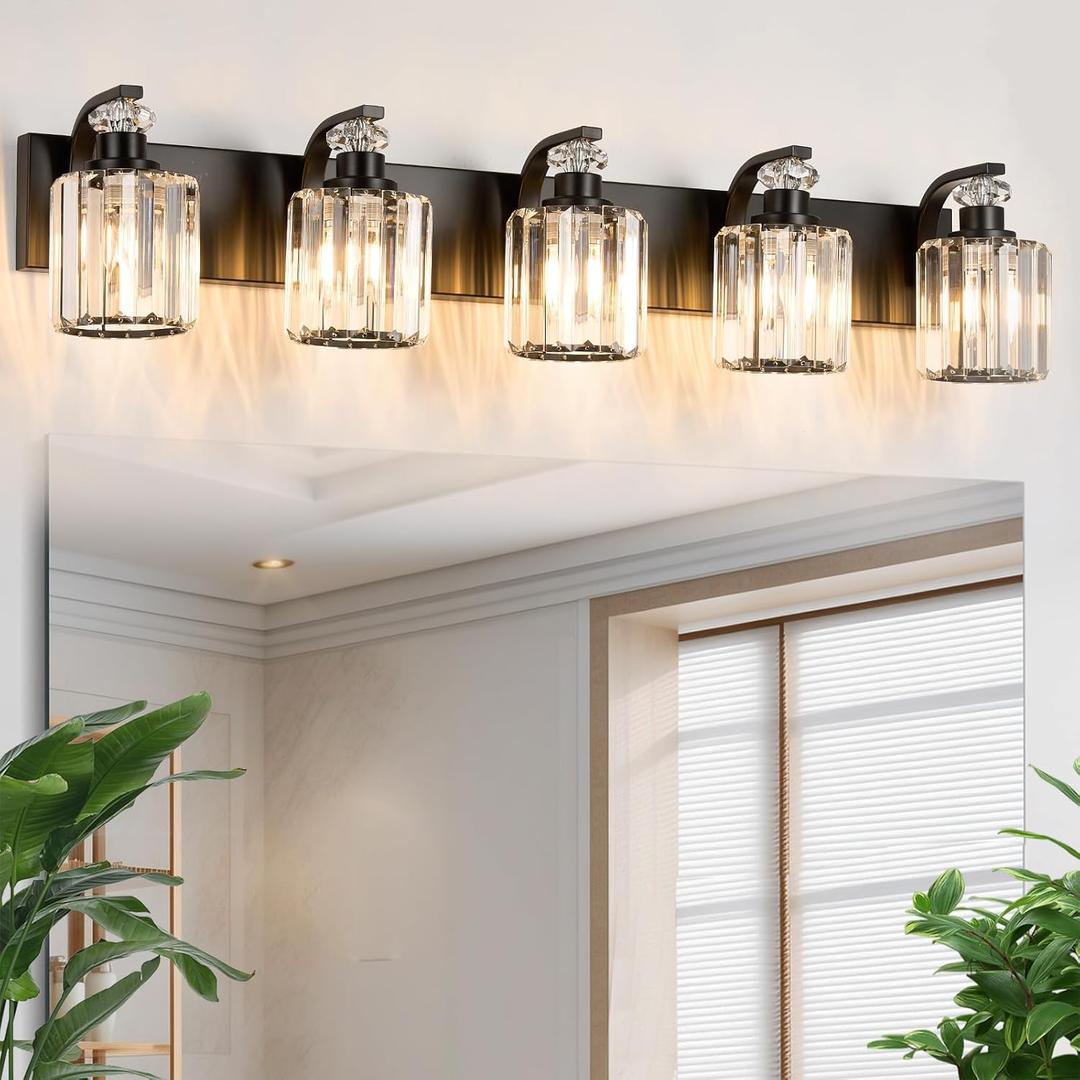 Black Bathroom Light Fixtures with K9 Crystal Lampshade Bathroom Lighting Over Mirror Vanity Lights for Living Room,Bedroom,Restroom,Hallway 5 Lights