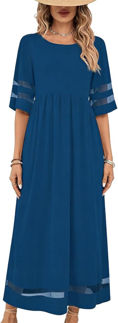 Womens Summer Dresses Casual Maxi Dresses Mesh 3/4 Sleeve Crewneck Smocked Elastic Waist Boho Beach Dress