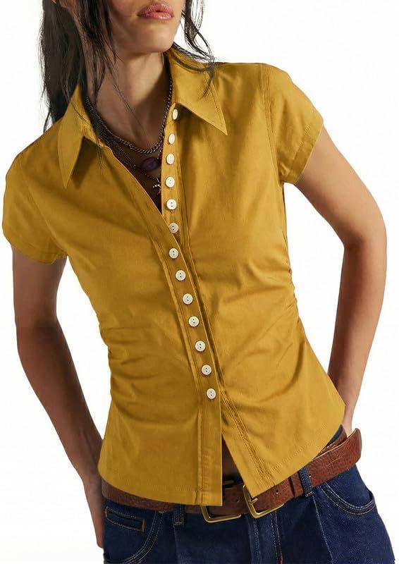 Women's Short Sleeve Button Down Shirt Summer Collared Blouse Trendy Casual Tops 2026 (L)