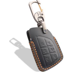 Leather Key Fob Cover, Compatible with 2021-2025 2026 GMC Yukon Denali Sierra, For Chevy Silverado Suburban Tahoe Buick etc, Retro Style Design Key Holder Protector(6 Button, Black)
