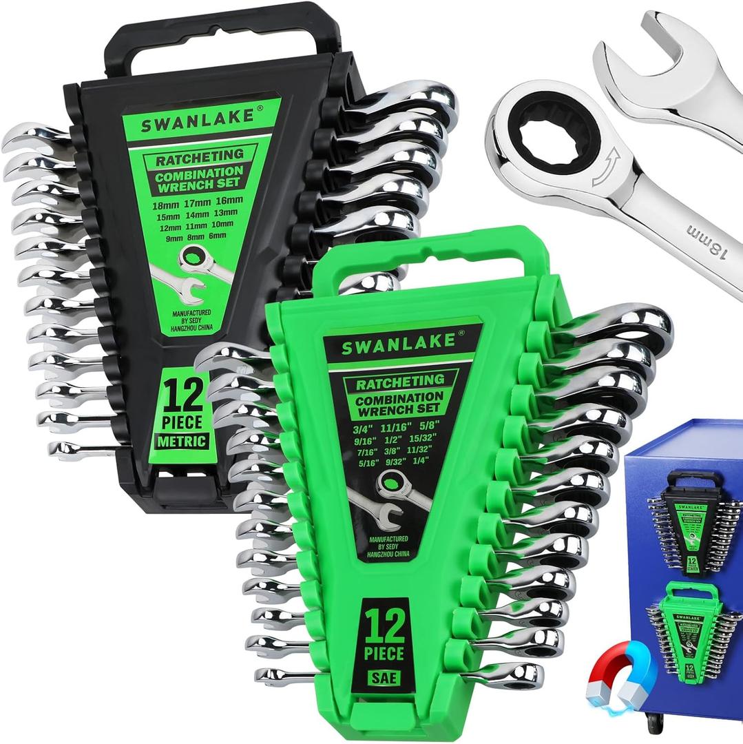 24-Piece Combination Ratchet Wrench Set, Metric (6-18mm) & SAE (1/4''-3/4'') Wrenches Set, 12-Point 72-Tooth Ratchet Spanners with Magnetic Base Organizer, Chrome Vanadium Steel for Auto Mechanic Tool