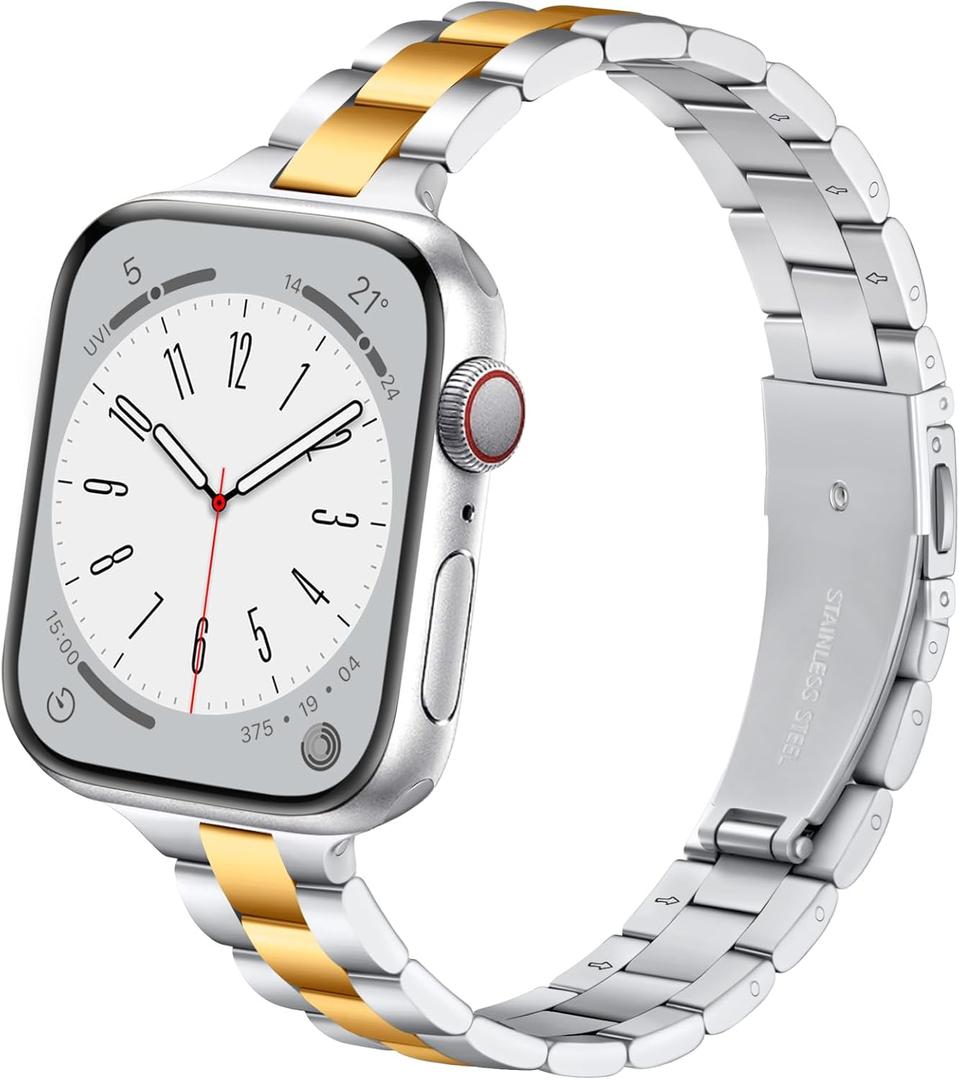 Thin Stainless Steel Bands Compatible with Apple Watch 38mm 40mm 41mm 42mm 44mm 45mm 46mm for Women, Metal Straps for iWatch Series 10 9 8 7 6 5 4 3 2 1 SE (38mm/40mm/41mm/42mm(Series 10), Silver/Gold)