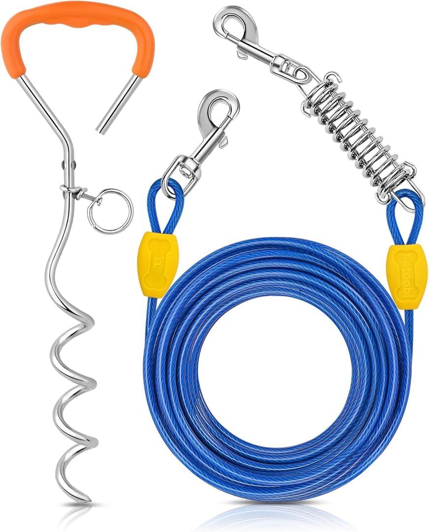 Petbobi Dog Tie-Out Cable and Stake - 40ft Heavy Duty Cable with Spring, No Tangle, 16in Ground Stake, Ideal for Yard, Camping and Beach, Suitable for Medium to Large Dogs Up to 120 lbs, Blue