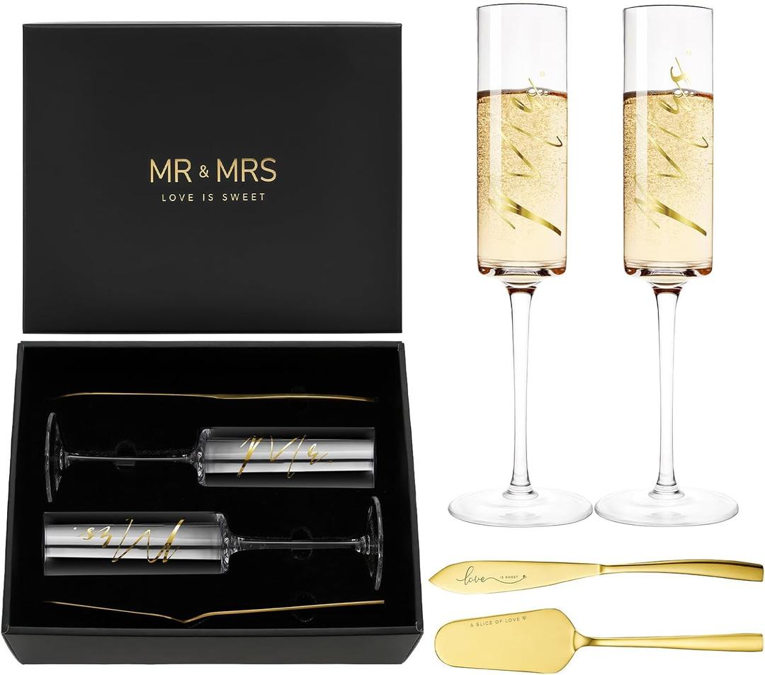 AW BRIDAL Engagement Gifts for Couples Mr and Mrs Champagne Flutes, Bride and Groom Champagne Glasses with Gold Wedding Cake Knife for Bridal Shower, Mr and Mrs Gifts for Couple Anniversary Wedding (Set of 4Gift box)
