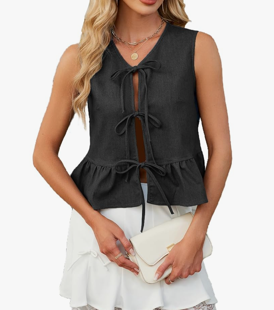 Women's Denim Vest Top Sleeveless V Neck Tie Front Jean Vest Summer 2025 Trendy Casual Waistcoat Y2K Peplum Tank Top, Size S, Black