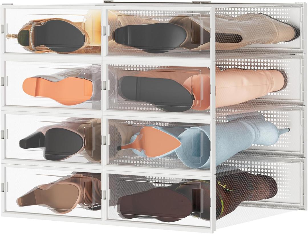 8 Pack Stackable Shoe Storage Boxes, Plastic Shoe Organizer Drawers Bins for Closet, Ventilated Shoe Containers with Lids for Sneakers, Heels and Boots, Clear