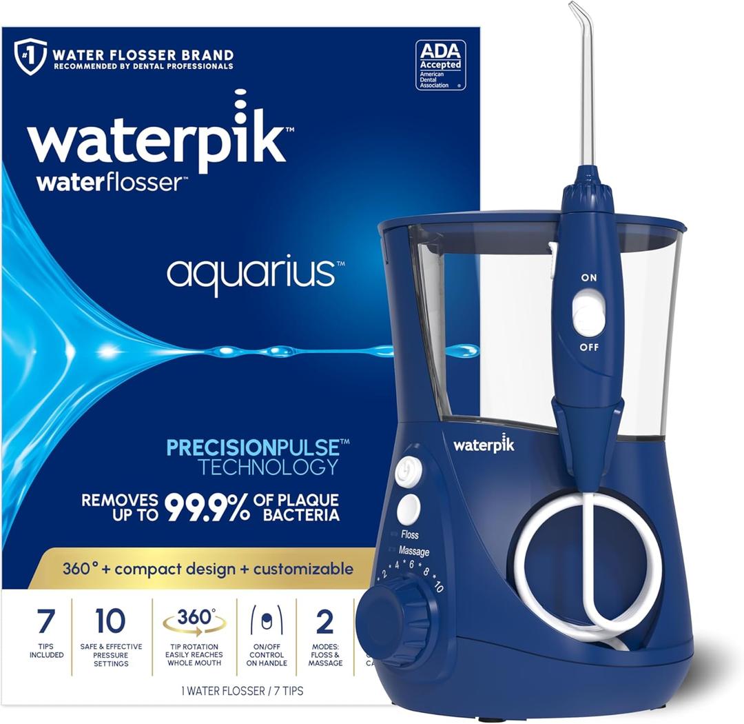 Waterpik Aquarius Water Flosser For Teeth Cleaning, Gums, Braces, Dental Care, Electric Power With 10 Settings, 7 Tips For Multiple Users And Needs, ADA Accepted, Blue WP-663