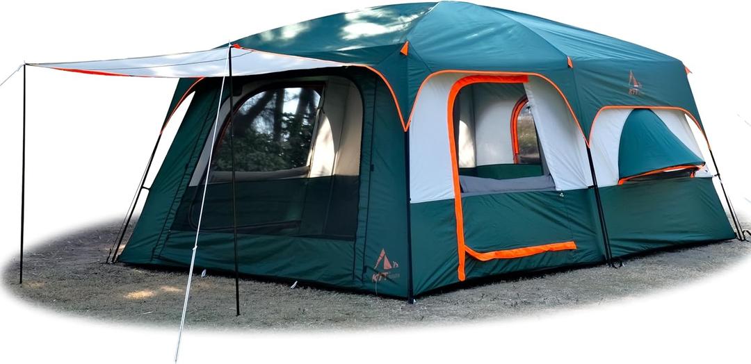 KTT Extra Large Tent 12-14 Person,Family Cabin Tents,2 Bay-Windows,2 Rooms and 3 Doors 3 Windows with Mesh,Waterproof,Straight Wall,Double Layer,Big Tent for Outdoor,Picnic,Camping