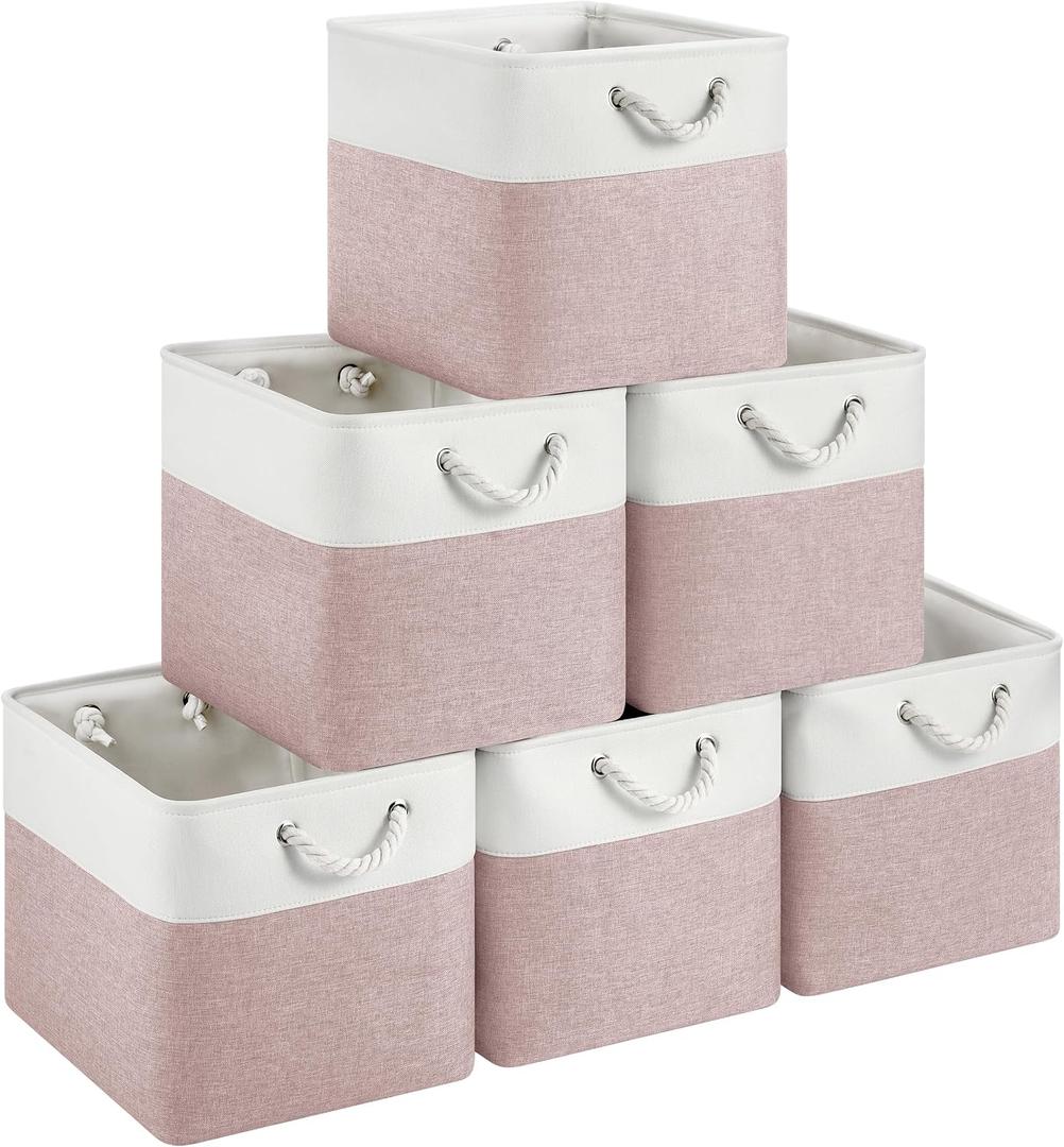 13x15x13 Storage Cube Bins, Heavy Duty Foldable Fabric Storage Bins with Handles and Metal Frame, 6 Pack Large Closet Organizer Bins for Clothes, Socks, Towels, White Pink