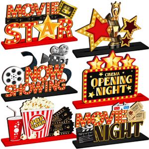 6 Pcs Movie Night Party Decorations Movie Wooden Table Centerpiece Ticket Star Video Popcorn Table Sign Tabletop Decor for Birthday Party Home Decoration