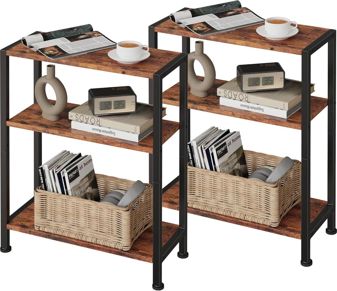 3-Tier Side Table Set of 2, Small End Table, Sofa Side Table for Narrow Spaces, Slim End Table, Nightstand Table, for Living Room Bedroom Office, Rustic Brown