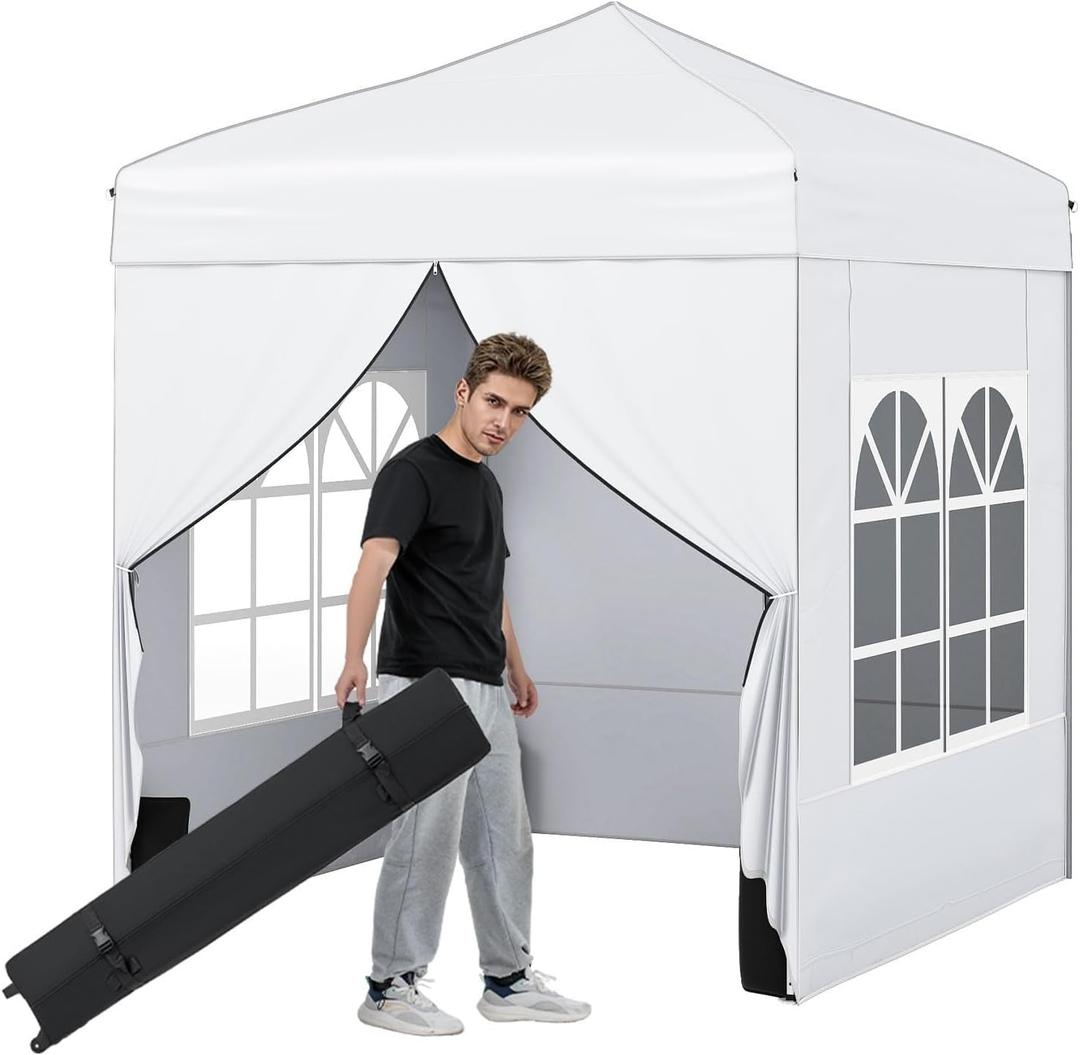 Tangkula 6.5x6.5 FT Pop Up Canopy, UPF50+ Outdoor Canopy Tent with 2 Removable Sidewalls, 2 Zippered Doors, Heavy-Duty Carbon Steel Frame, Wheeled Bag, 4 Sandbags, 8 Stakes, 4 Wind Ropes (White)