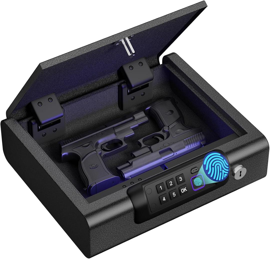 BILLCONCH Cabinet Safes Biometric Gun Safe Portable Pistol Safes Electronic Lock Box Key Access with LED Light Silent Mode Bedside Gun Safe for Pistols, Gun Lock Box for Nightstand