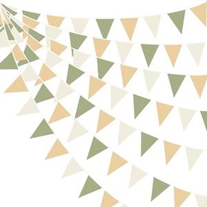 32Ft Camping Party Decorations Olive Green Tan Brown Cream Neutral Triangle Flag Fabric Banner Pennant Garland Streamers for Woodland Birthday Jungle Baby Shower Safari Camper Bachelorette Decor