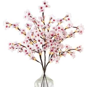 Uieke 3PCS Lighted Cherry Blossom Branches, 30in Artificial Cherry Blossom Flowers with 60 LED Lights Timer Battery Operated Lighted Twig Branches for Vases Wedding Party Home Indoor Decor
