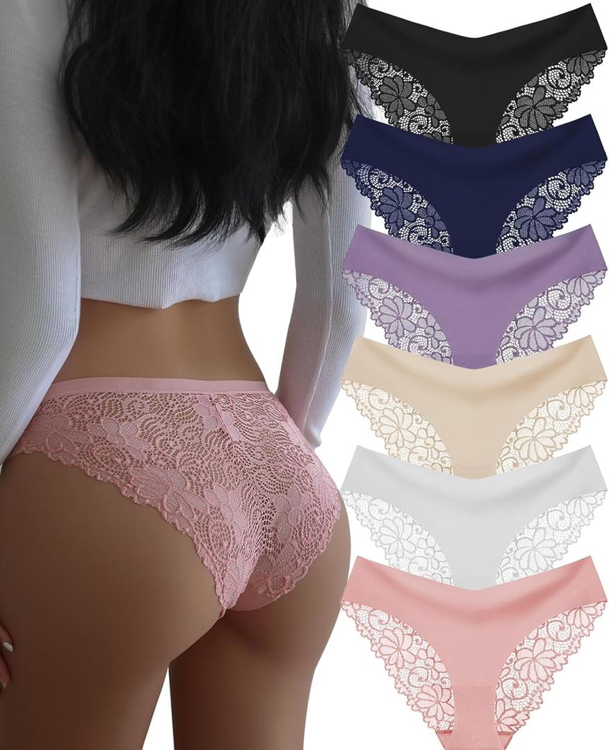 Sexy Cheeky Womens Underwear Comfortable Seamless Panties Luxurious Lace Bikini Briefs (Large, A-6 Pack-6 Color)