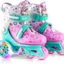 SULIFEEL Adjustable Roller Skates for Girls Boys Kids,Fun Illuminating Light Up Flash Wheels Three-Point Type Balance Suitable for Beginners Indoor Roller Skating (XS-Small(8C-11C US), Green & Pink)