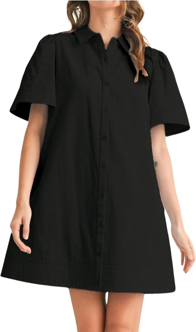 Womens Short Sleeve Button Down Mini Shirt Dress Lapel Collar Short Dresses with Pocket (Black, XL)