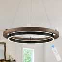 LED 2 Ring Chandelier Dimmable Up Down Light Black Chandelier Round Foyer Chandeliers Light Walnut Wood Black Circular Chandeliers for Dining Room Entry Bedroom Office Living Room, 55W Up&Downlight, 23.64"L x 23.64"W x 59.1"H