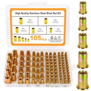 Metric Rivet Nut Assortment Kit, 105Pcs stainless Steel SAE Rivet Nut, M3 M4 M5 M6 M8 UNC Flat Head Rivnut Set, Threaded Insertion Nut Sets for Automotive, Mechanical and Other Equipment
