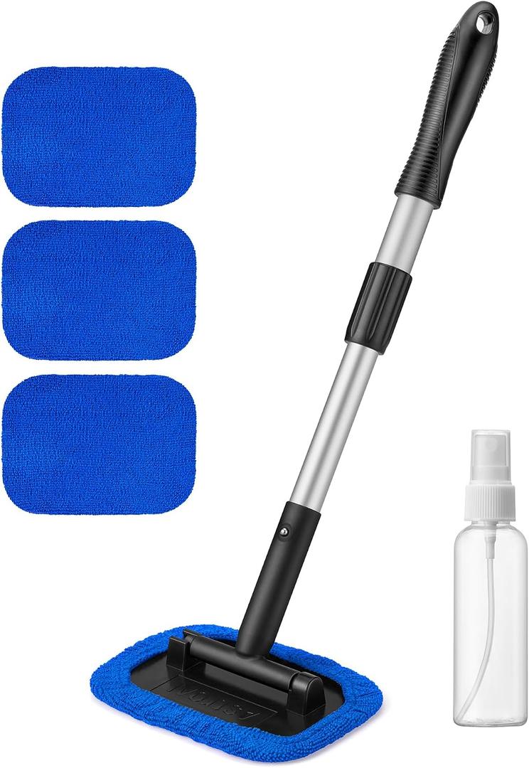 AstroAI Windshield Cleaner Tool, Microfiber Car Window Cleaner with 4 Reusable and Washable Microfiber Pads and Extendable Handle Auto Inside Glass Wiper Kit, Blue