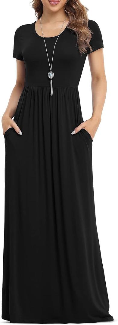VIISHOW Women's Short Sleeve Loose Plain Maxi Dresses Casual Long Dresses with Pockets (Black, L)