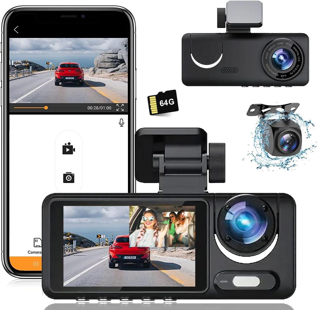 Dash Camera, 3 Channel Dash Cam Front and Rear, Full HD Dash Camera for Cars with 64G SD Card Car Dashboard Camera Recorder with 2'' IPS Screen 170Wide Angle,WDR G-Sensor Parking Mode