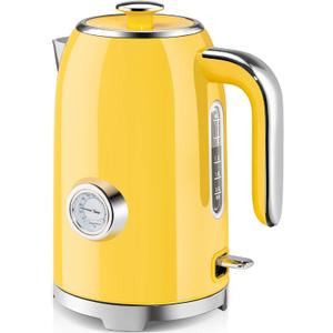 SUSTEAS Electric Kettle - 57oz Hot Tea Kettle Water Boiler with Thermometer, 1500W Fast Heating Stainless Steel Tea Pot, Cordless with LED Indicator, Auto Shut-Off & Boil Dry Protection, Retro Yellow