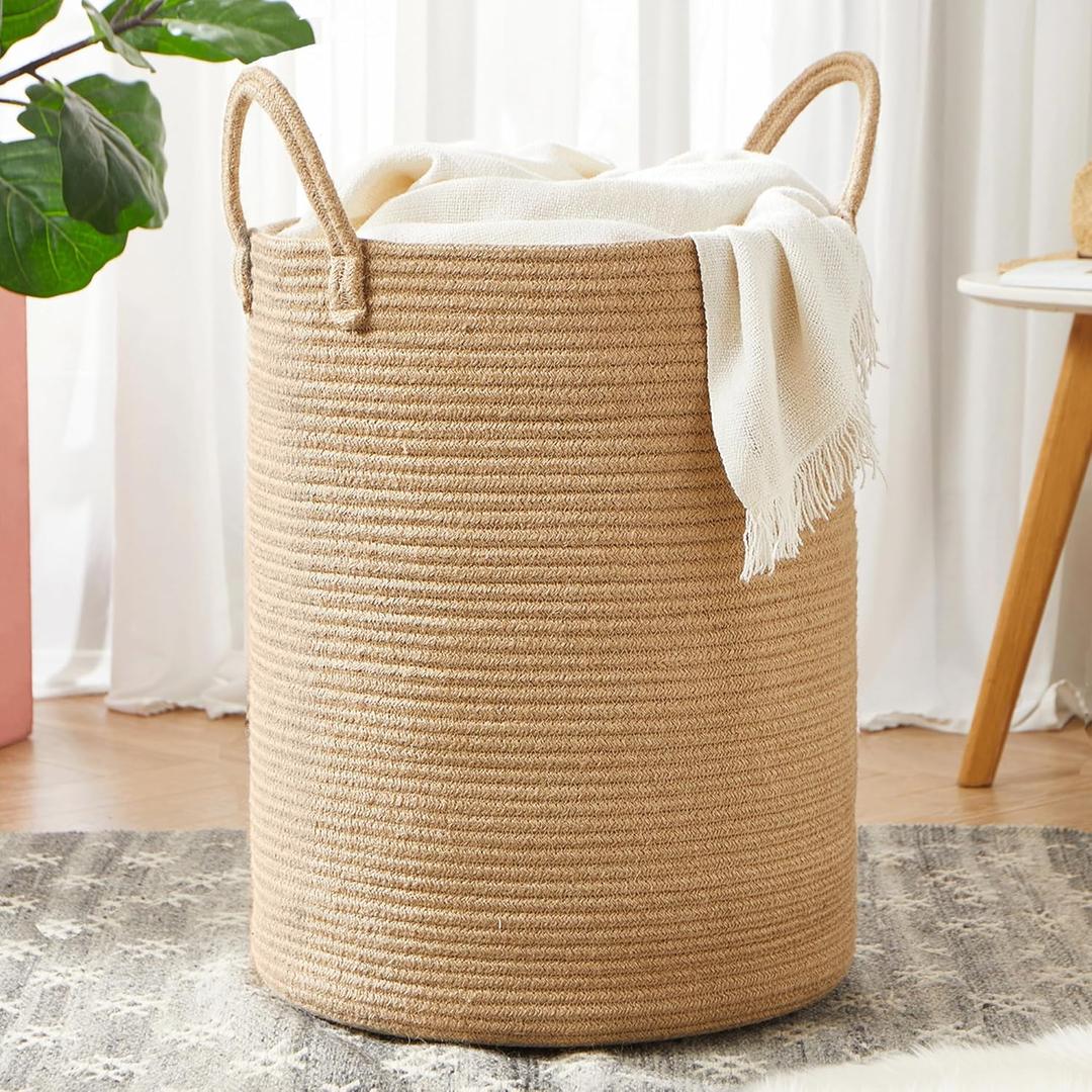 62L Jute Woven Rope Laundry Basket Tall Hamper for Clothe Blanket Toy Organization in Living Room Luanry Room Bedroom Storage Basket for Baby Nursery Kids Large