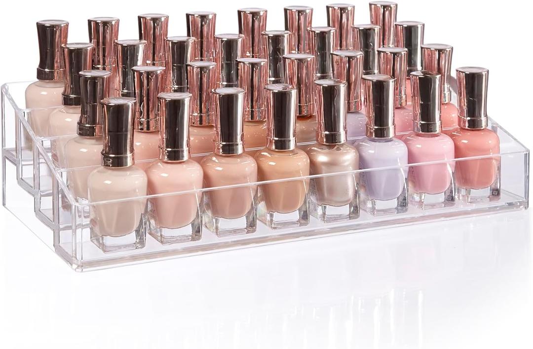 STORi Multi-Level Nail Polish Bottle Holder | Clear Plastic Organizer Rack for up to 40 Nail Polish Bottles, Rectangular 4 Tiered Vanity Display Stand for Makeup and Eyeshadow Palettes | Made in USA