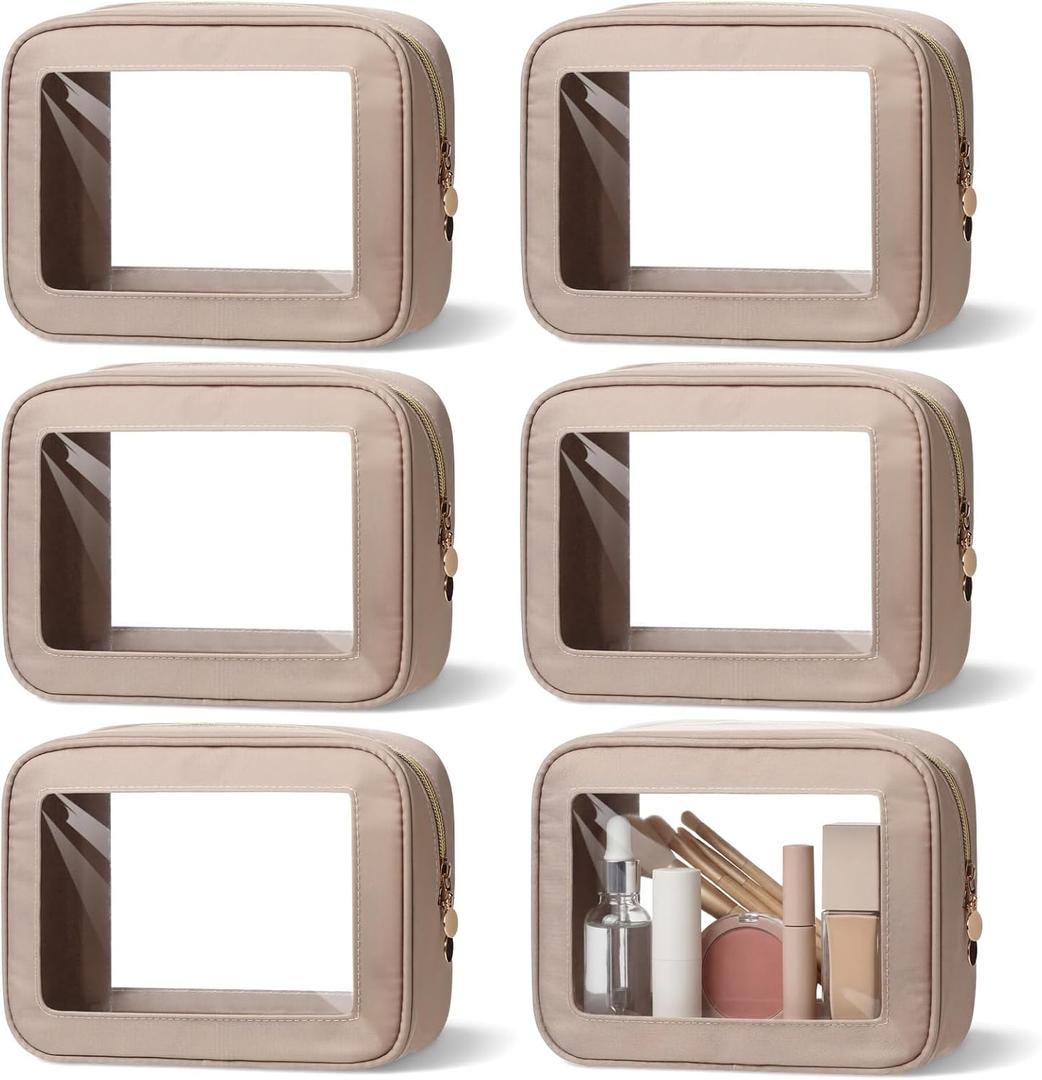 Abbylike 6 Pcs Clear Makeup Bags Travel Nylon Clear Nude Khaki Toiletry Bag Bulk Car Organizer Case Waterproof Toiletry Pouch with Golden Zipper for Teacher Mother Women Wedding Gift