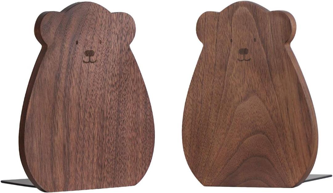 Muso Wood Bookends for Shelves, Decorative Book Ends for Children, Non-Skip Wooden Bookends for Office/Home/School (Walnut 1 Pair)