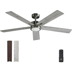 52 Inch Ceiling Fan Brushed Nickel Remote Controlled Dimmable Light Combo - Quiet Reversible - 5 Grey Blades