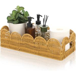 Scalloped Wicker Toilet Tank Basket for Bathroom Rattan Edge Basket Storage Organizer Toilet Paper Holder for Bedroom Living Room Countertop Shelves