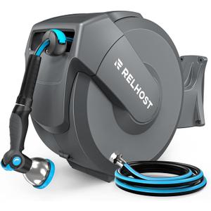 Relhost Retractable Garden Hose Reel, 5/8 in x 100 ft Wall Mount Heavy Duty Hose Reel with Any-Length Lock, Auto Rewind System, 180° Swivel Bracket, and 10-Pattern Nozzle for Garden, Dark Grey