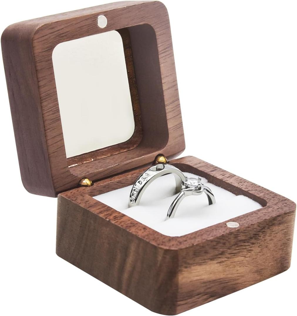 Wooden Ring Box for Wedding Ceremony 2 Slots,Small Square Solid Wood Double Ring Holder Case Box,Vintage Ring Bearer Box for Engagement Proposal,Rustic Jewelry Gift Storage Box-Window White