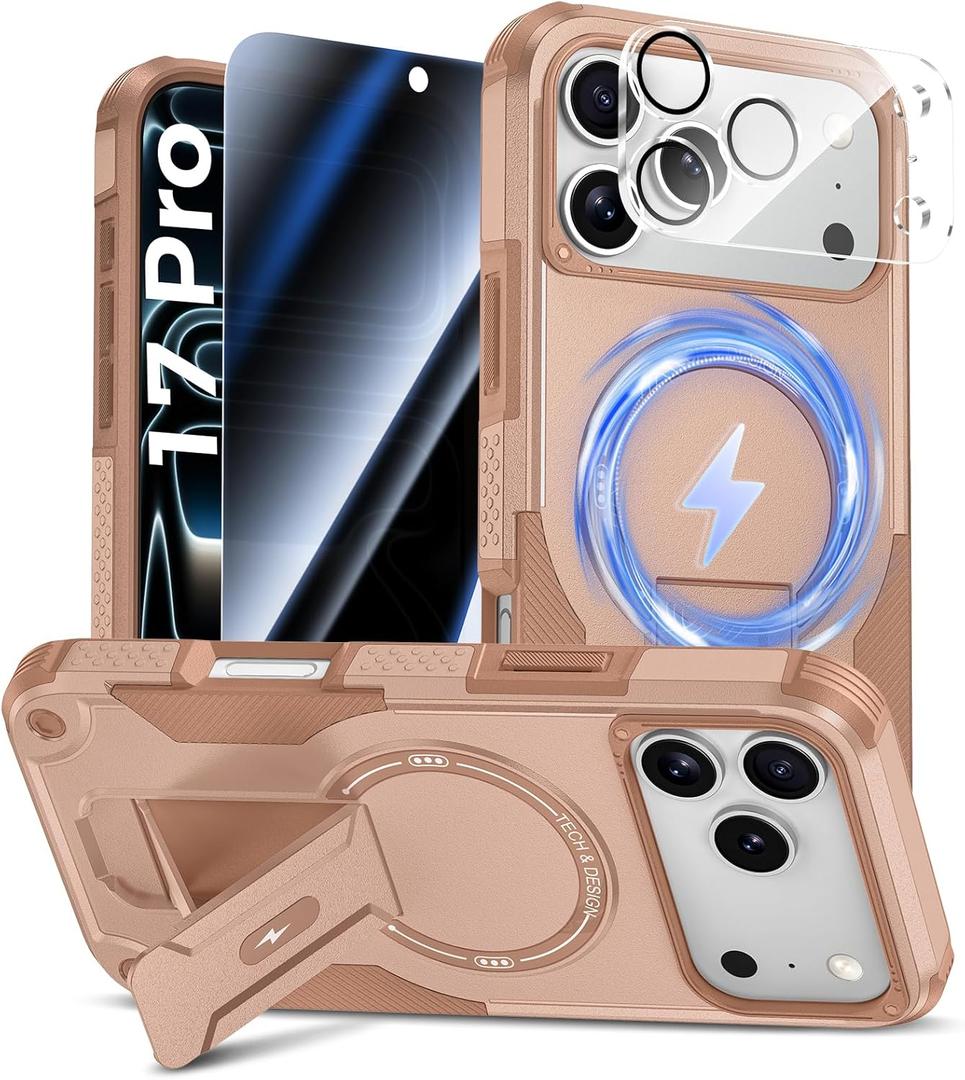 Goton for iPhone 17 Pro Case with Privacy Tempered Glass Screen Protector & Camera Lens Protector, Compatible with MagSafe, Invisible Kickstand, Shockproof Phone Cover for iPhone 17Pro