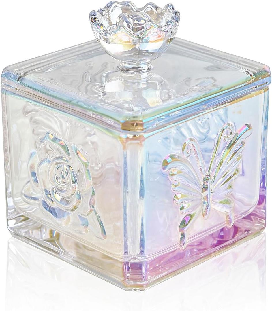 WHJY Cute Glass Candy Jar with Lid, Iridescent Colored Glass Candy Jar for Office Desk,Colorful Candy Dishes for Candy Buffet, Cookie Jar 4.5 Tall