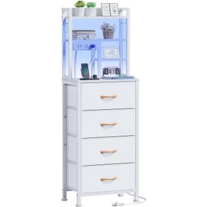 Furnulem Tall Night Stand, 52.1 Inch LED Nightstand with Charging Station and USB Ports, 4 PVC Fabric Drawers and 4 Tier Storage Shelf, Bedside Table for Bedroom, Dorm, Office (White)
