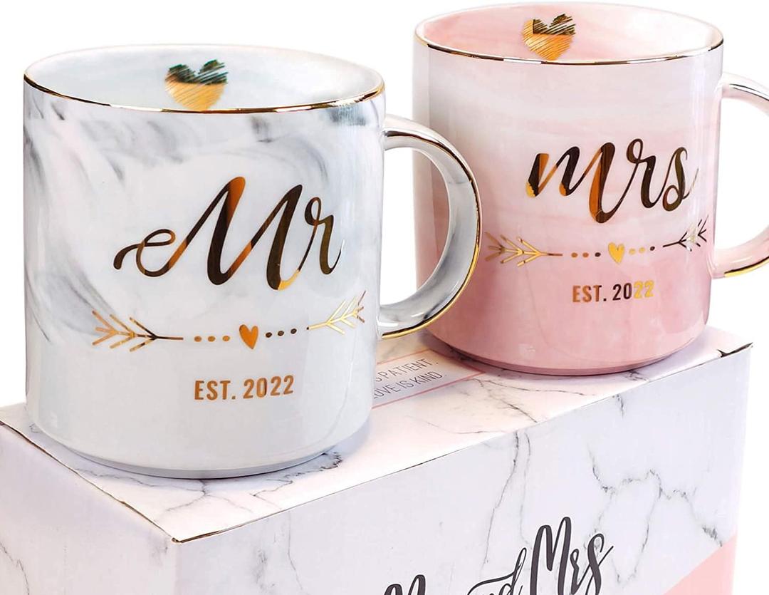 VILIGHT Wedding Gifts for Couples Married 2022 - Mr and Mrs est 2022 Mugs - Marble Coffee Cups Set