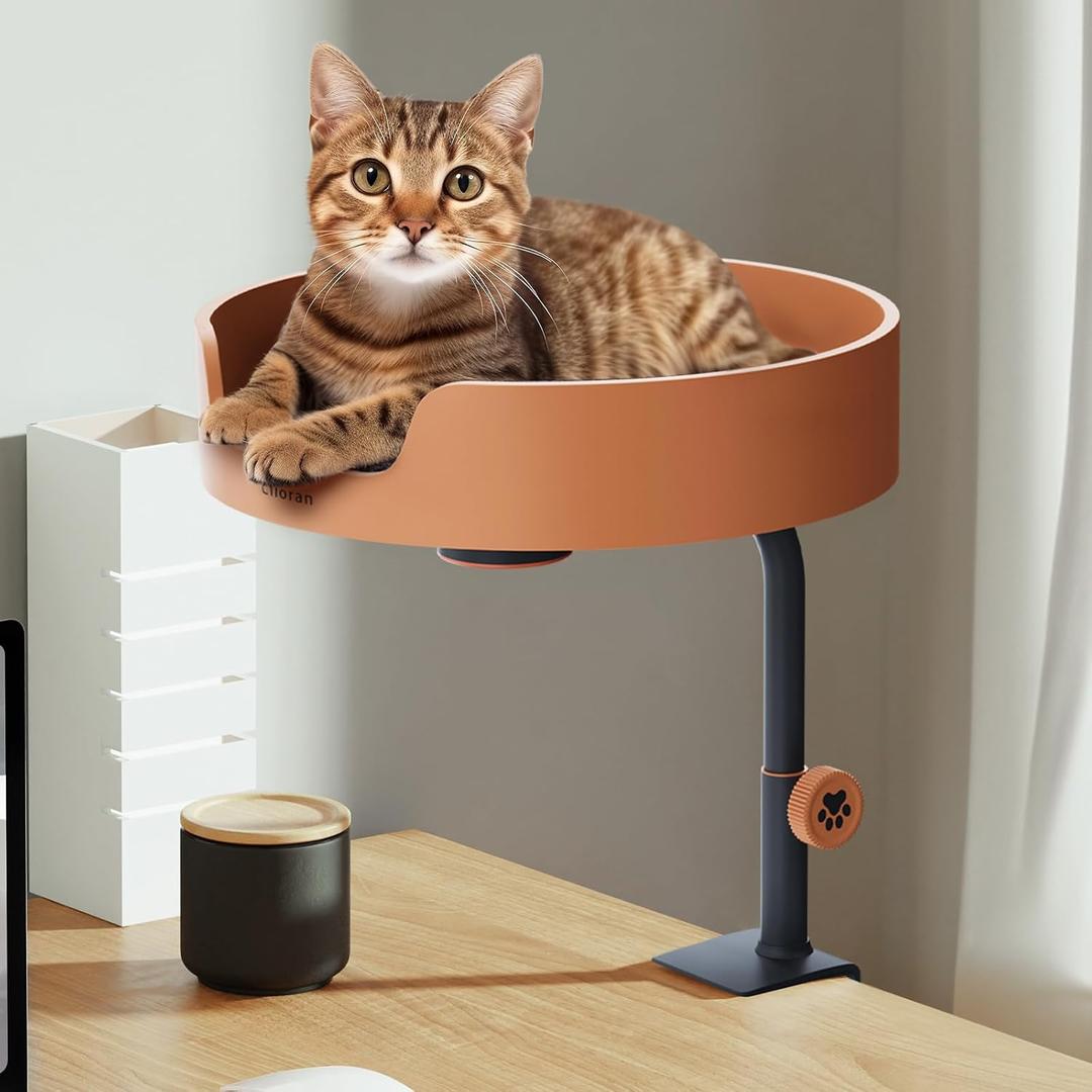 Cat Desk Bed Large Perch Nest with Teaser Easy Install,Space Saving Mount Design,Sturdy Frame,Removable Cushion,Clamp Desktop Attachment Hammock for Home Office,Side Table (Black and Coffee)