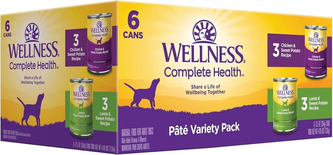 Wellness Wet Canned Dog Food, Pate Variety Pack, 12.5 Ounce Can (Pack of 6) (EXP 06/23/28)