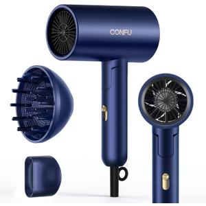 CONFU Diffuser Hair Dryer for Curly Hair,1500W Fast Drying Blow Dryer with Diffuser for Women,Compact & Portable Negative Ion Hairdryer,Mini and Foldable Blowdryer Design for Travel(Blue)