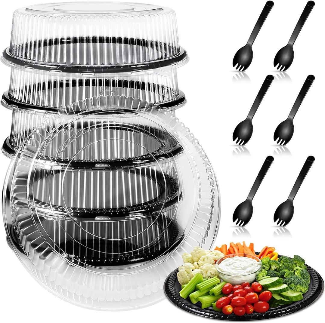 Tessco 6 Pack Plastic Serving Platters with Lid and Sporks, Disposable Heavy Duty Party Tray Round Catering Tray Containers for Food Salad Sandwich Takeout Picnic Supplies(12 Inch,Black)
