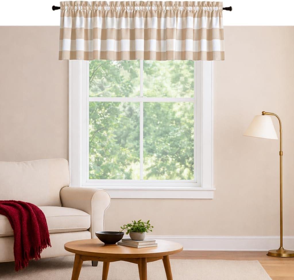 Softopia Cotton Mini Gingham Check Valance Curtains, 2 Pack, 54x18 Inches, 100% Cotton Rod Pocket Kitchen Window Valances for Farmhouse, Café, Bedroom, Bathroom and Living Room - Beige White