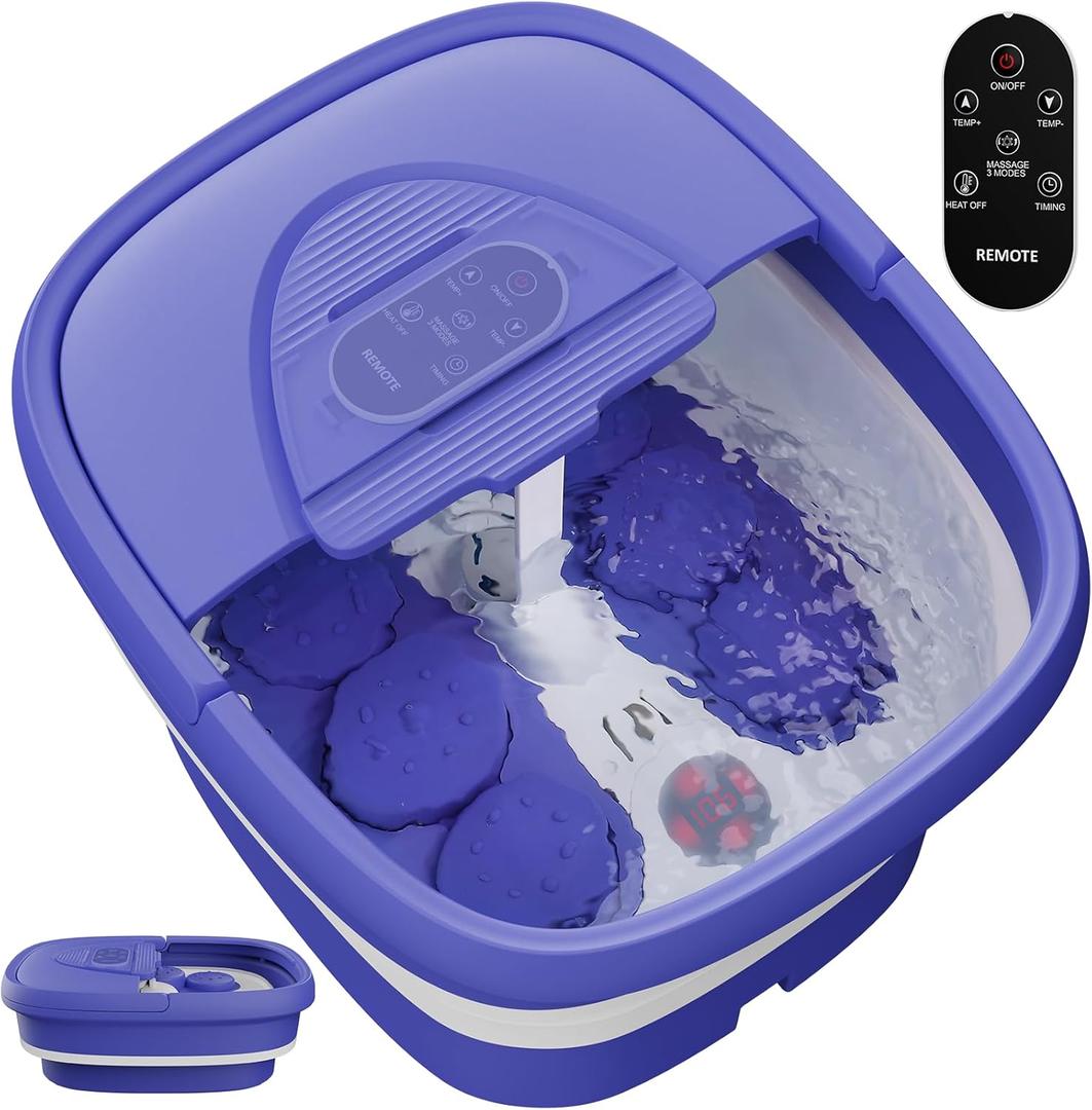 Foot Spa Collapsible, Foot Bath Massager with Heat, Remote, Timer, and 24 Motorized Shiatsu Massage Balls, Foot Soaking Tub Supports Hot/Cold Water Soaking (Purple)